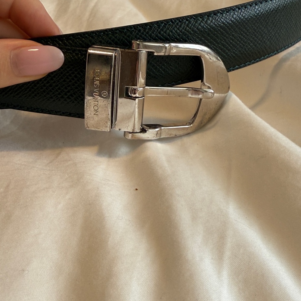 Louis Vuitton Green Leather Belt with Silver Buckle